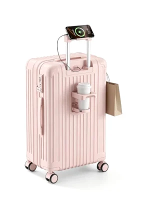 Multifunctional Hard Shell Carry-on Luggage with USB Charging Port & Cup Holder