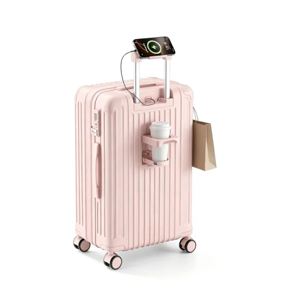 Multifunctional Hard Shell Carry-on Luggage with USB Charging Port & Cup Holder