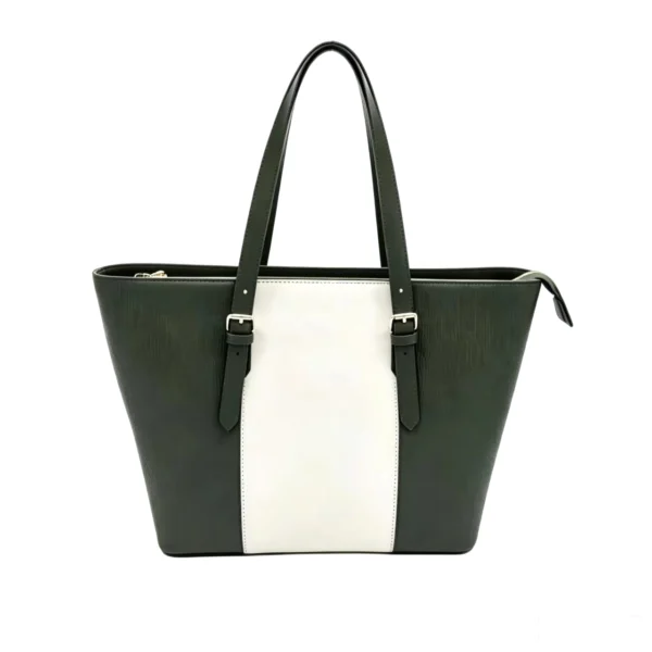 07 Dark green white two-tone color block tote bag with adjustable straps and top zipper Women's Two-Tone Tote Bag with Top Zipper and Adjustable Straps