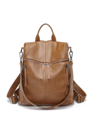 Vintage Brown Faux Leather Women Multi‑Function Backpack