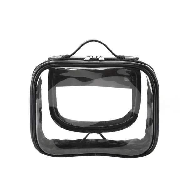 01-1 Black trim clear PVC cosmetic bag, double metal zippers, built‑in inner zipper pouch, top hand handle, transparent travel toiletry pouch Black Trim Clear PVC Cosmetic Bag Double‑Zipper Transparent Travel Toiletry Pouch