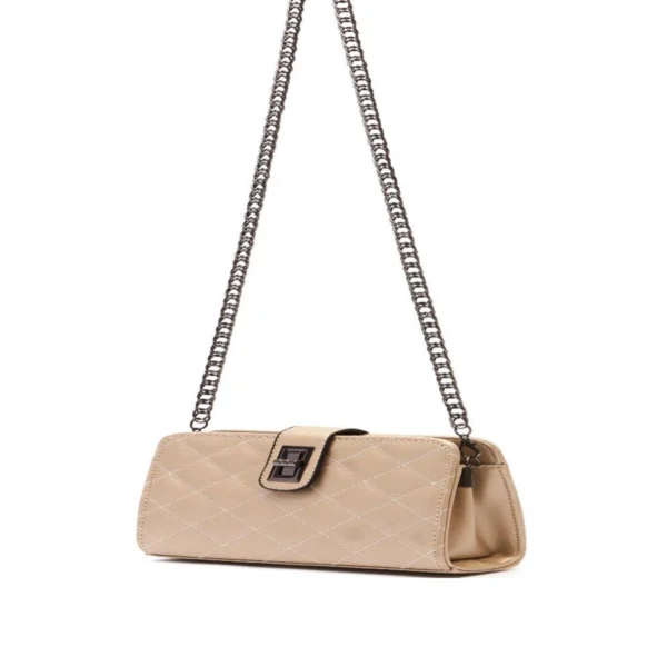 02-1 Beige diamond quilted long baguette shoulder handbag with thick metal chain strap Chain Shoulder Bag Beige Long Baguette Handbag