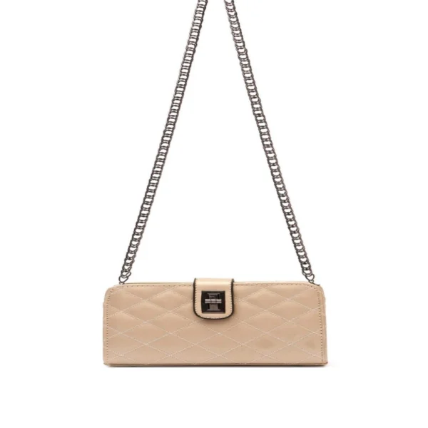 02-2 Close‑up view of diamond‑quilted stitching texture on beige leather bag Chain Shoulder Bag Beige Long Baguette Handbag