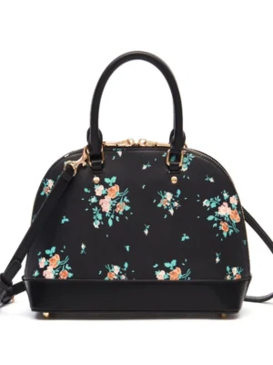 02-2 Side view of dome satchel showing crossbody strap and depth Women's Floral Print Dome Satchel Bag PU Leather