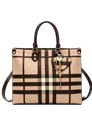 03 Beige brown plaid structured tote bag with leather top handles and gold hardware Women's Tote Bag Classic Handbag with Removable Shoulder Strap