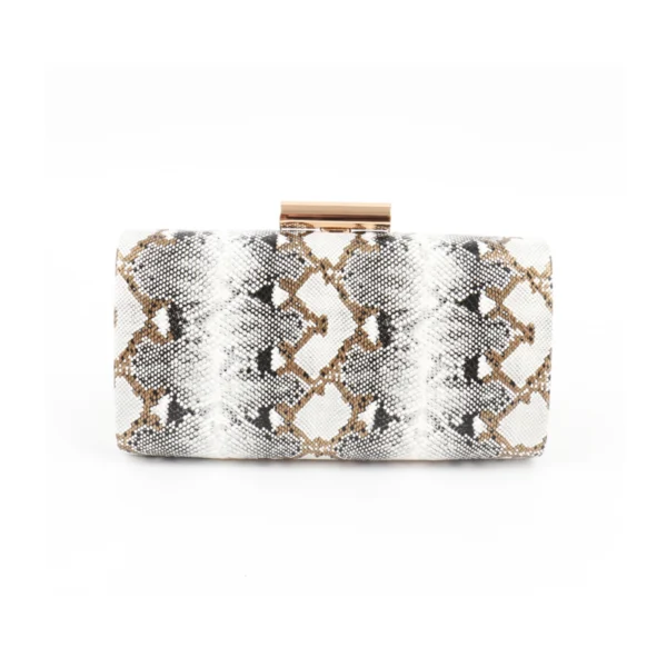 White‑Tone Snake Pattern Hard‑Shell Clutch Bag Rose Gold Metal Lock Evening Purse