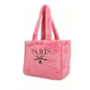 04-1 Side view of pink plush tote bag showing depth and handle drop Women's Fluffy Plush Tote Bag Soft Faux Fur Handbag with Embroidered Lettering