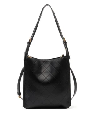04-2 Close‑up view of delicate diamond quilted stitching texture on black leather bag Diamond‑Quilted Tote Bucket Bag Large‑Capacity Women Daily Purse