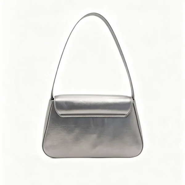 Women's Metallic Silver Shoulder Bag Minimalist Flap Baguette Bag