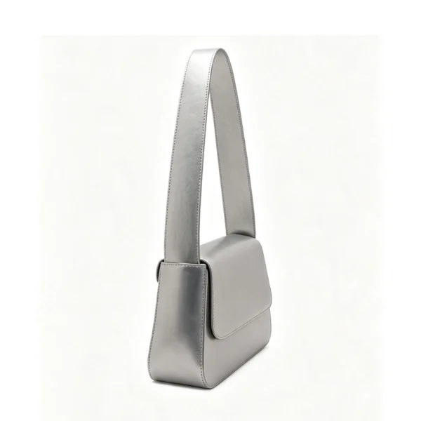 Women's Metallic Silver Shoulder Bag Minimalist Flap Baguette Bag