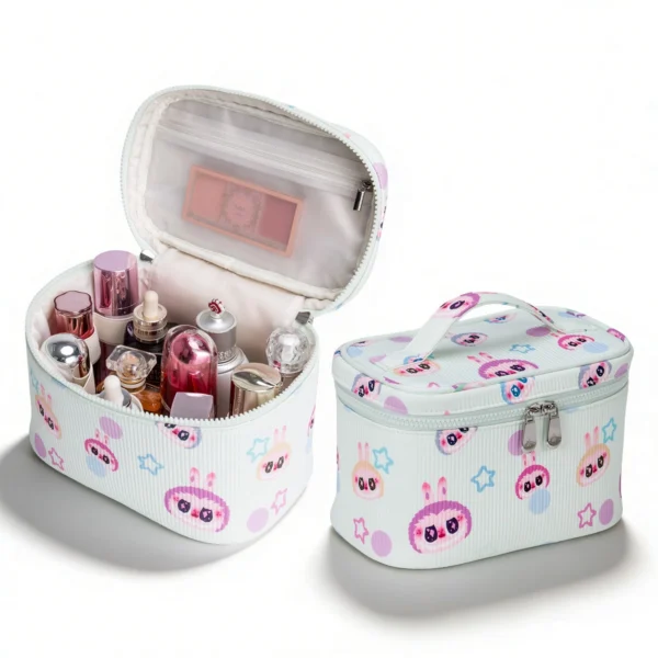 Cute Cartoon Rabbit Print Corduroy Cosmetic Bag Portable Travel Makeup Case