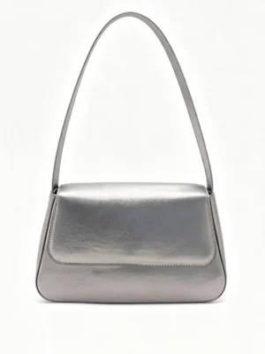 Women's Metallic Silver Shoulder Bag Minimalist Flap Baguette Bag