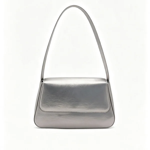 Women's Metallic Silver Shoulder Bag Minimalist Flap Baguette Bag