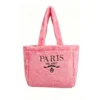 04 Pink fluffy plush mini tote bag with embroidered Paris Milano lettering Women's Fluffy Plush Tote Bag Soft Faux Fur Handbag with Embroidered Lettering