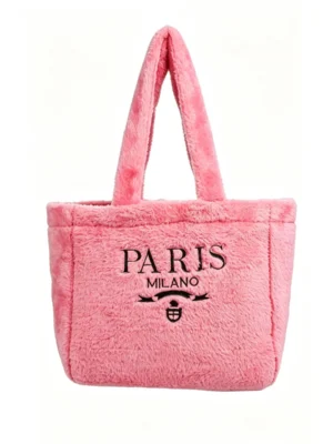 Women's Fluffy Plush Tote Bag Soft Faux Fur Handbag with Embroidered Lettering