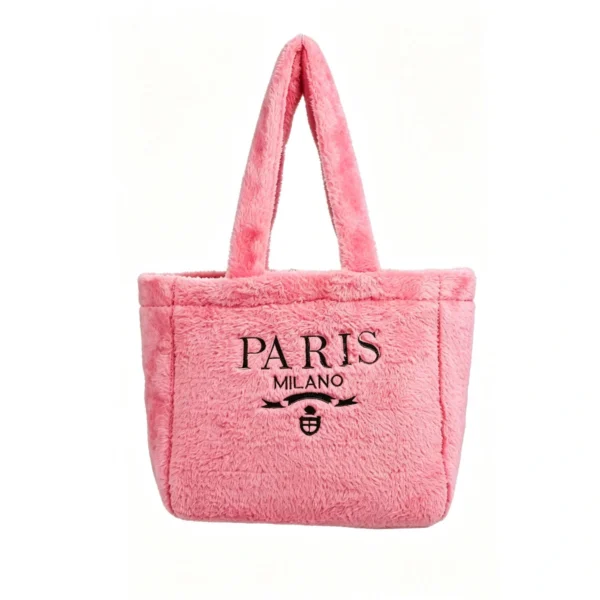 04 Pink fluffy plush mini tote bag with embroidered Paris Milano lettering Women's Fluffy Plush Tote Bag Soft Faux Fur Handbag with Embroidered Lettering
