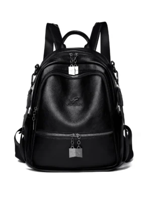Black Litchi‑Grain PU Leather Women Backpack
