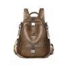 05-3 Close‑up of decorative metal zipper pendants and embossed brand logo on black pu leather surface Black Litchi‑Grain PU Leather Women Backpack