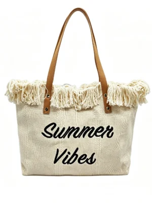 Side view of woven summer tote showing depth and handle drop