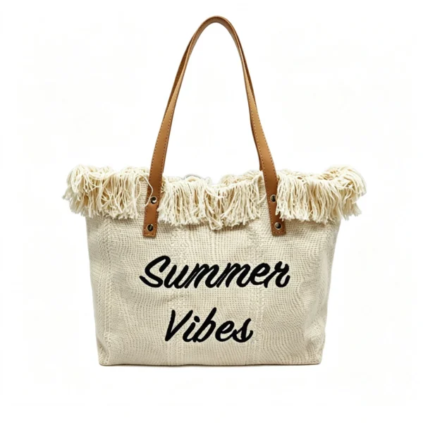 Side view of woven summer tote showing depth and handle drop