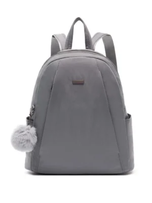 Grey Nylon Mini Women Backpack With Furry Pom‑pom Charm