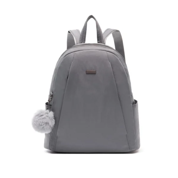 Grey Nylon Mini Women Backpack With Furry Pom‑pom Charm
