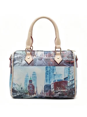 Women's Cityscape Print Boston Bag with Removable Crossbody Strap