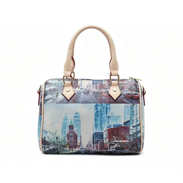 Women's Cityscape Print Boston Bag with Removable Crossbody Strap