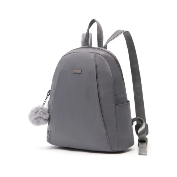Grey Nylon Mini Women Backpack With Furry Pom‑pom Charm