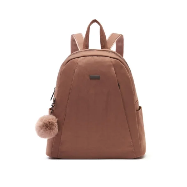 Grey Nylon Mini Women Backpack With Furry Pom‑pom Charm