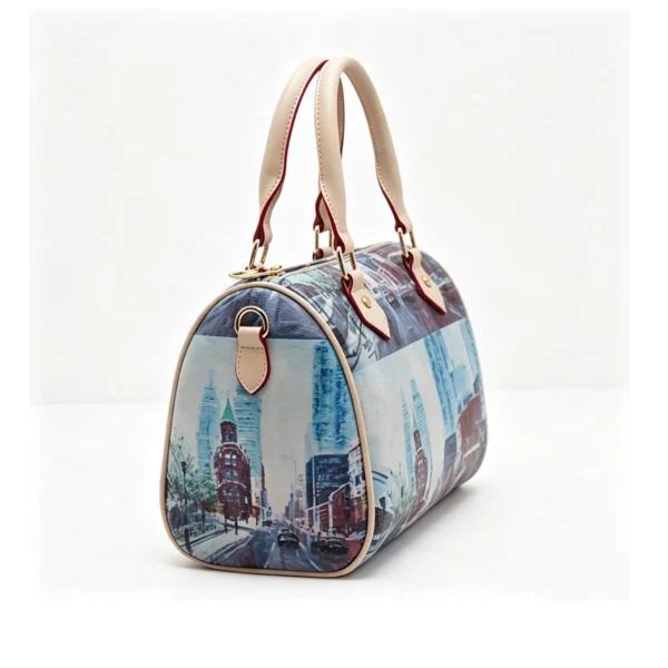 Women's Cityscape Print Boston Bag with Removable Crossbody Strap