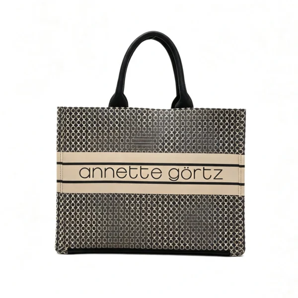 06 Black beige geometric circle pattern structured tote bag with leather top handles Women's Geometric Pattern Tote Bag Structured Top-Handle Handbag