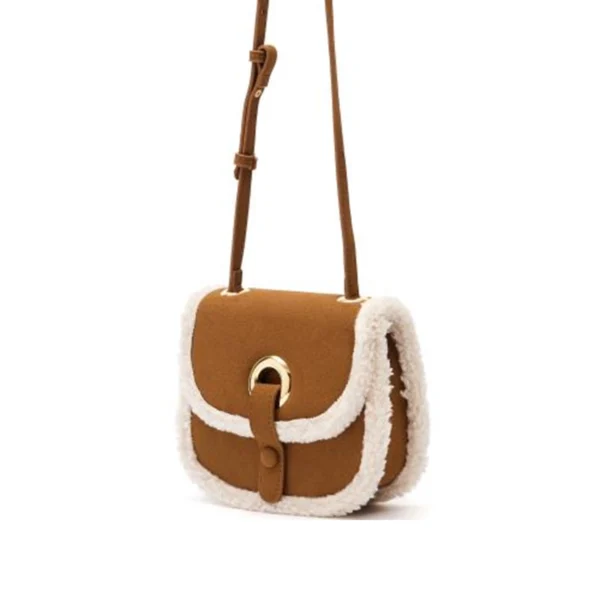 Suede‑Like Flap Crossbody Bag White Fleece Trim Saddle Handbag