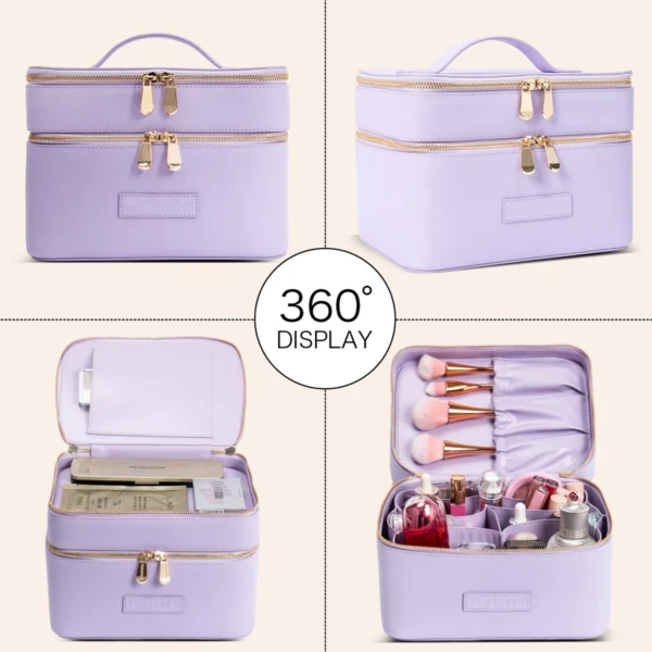 Lilac Purple Cross‑Grain PU Makeup Case Portable Travel Cosmetic Storage Box