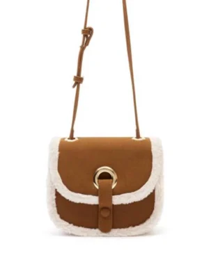 Suede‑Like Flap Crossbody Bag White Fleece Trim Saddle Handbag