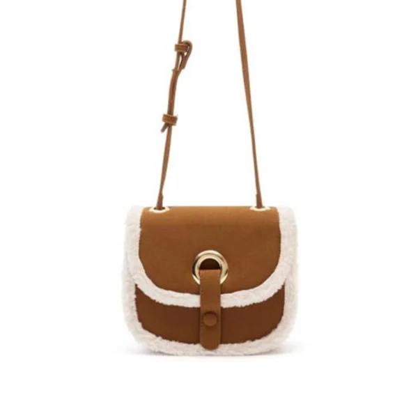 Suede‑Like Flap Crossbody Bag White Fleece Trim Saddle Handbag