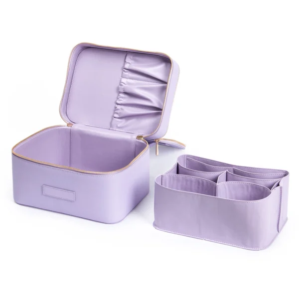 Lilac Purple Cross‑Grain PU Makeup Case Portable Travel Cosmetic Storage Box