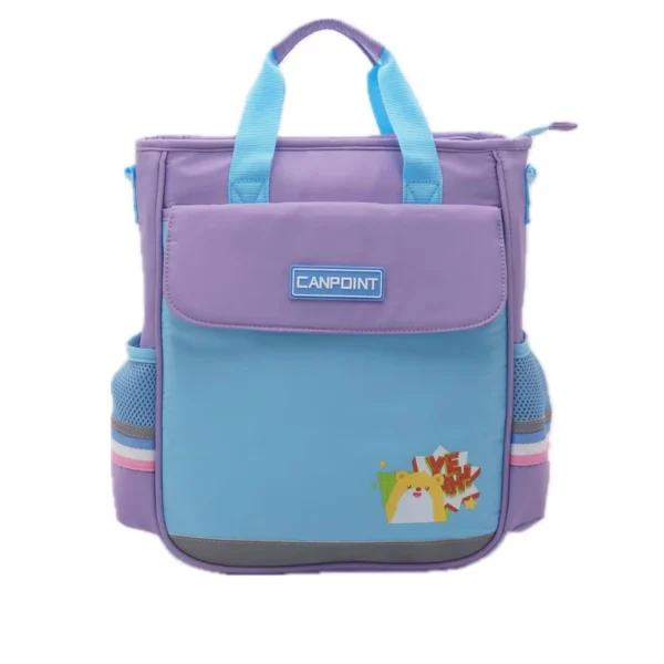 07 Purple‑blue color‑block kids tote backpack, cartoon bear print, rubber brand patch, top handles and side mesh water‑bottle pockets Purple‑Blue Color Block Kids Tote Backpack