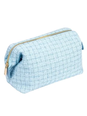 Light Blue Tweed Fabric Cosmetic Pouch Elegant Travel Makeup Bag