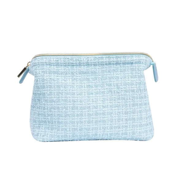 Light Blue Tweed Fabric Cosmetic Pouch Elegant Travel Makeup Bag