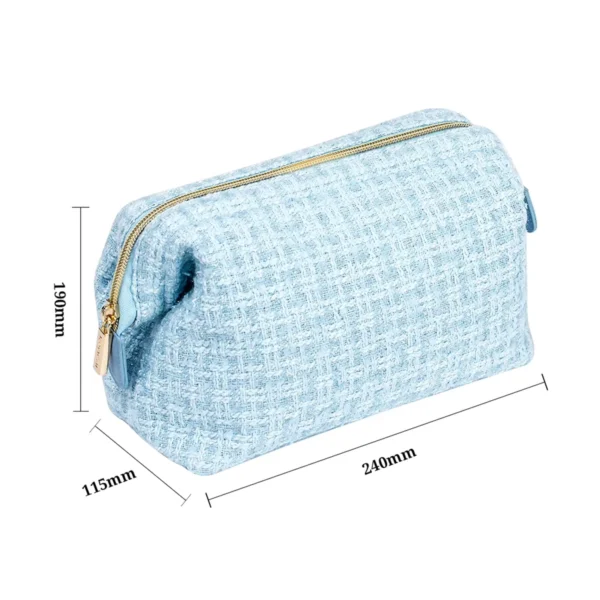 Light Blue Tweed Fabric Cosmetic Pouch Elegant Travel Makeup Bag