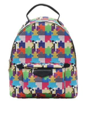 Colorful Puzzle Cartoon‑Print PU Mini Backpack