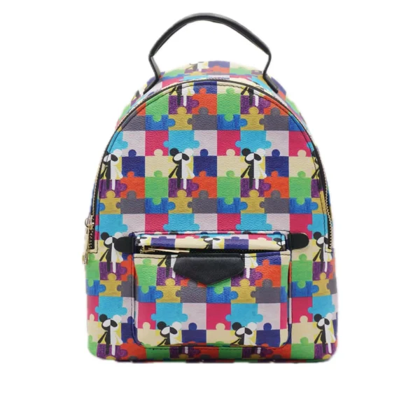 08 Colorful puzzle cartoon‑print PU mini backpack, full‑surface all‑over print, black pu trim, gold‑tone zipper, front pocket and top handle Colorful Puzzle Cartoon‑Print PU Mini Backpack