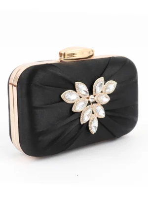 Black Satin Pleated Flower Rhinestone Hard‑Shell Clutch Bag