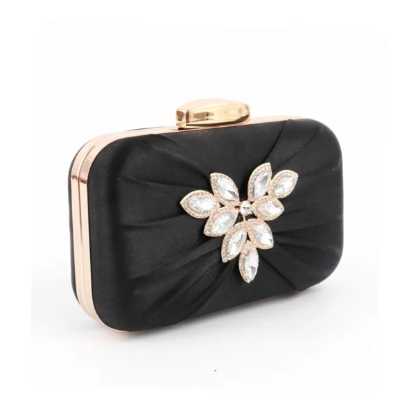 08 black‑satin‑pleated‑flower‑rhinestone‑hard‑shell‑evening‑clutch‑bag Black Satin Pleated Flower Rhinestone Hard‑Shell Clutch Bag