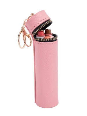 Pink Cross‑Grain PU Lipstick Holder Pouch Mini Cosmetic Case