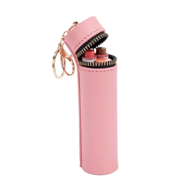 09-1 pink‑cross‑grain‑pu‑lipstick‑holder‑pouch‑front‑view.jpg Pink Cross‑Grain PU Lipstick Holder Pouch Mini Cosmetic Case