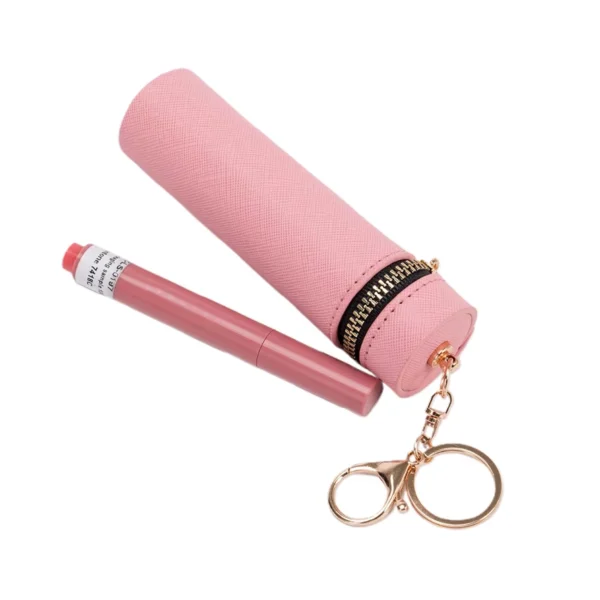 09-3 keychain‑lip‑gloss‑storage‑bag‑side‑view.jpg Pink Cross‑Grain PU Lipstick Holder Pouch Mini Cosmetic Case