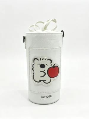 MochiTote white kawaii drawstring cylinder bag with tiger cartoon patch front view