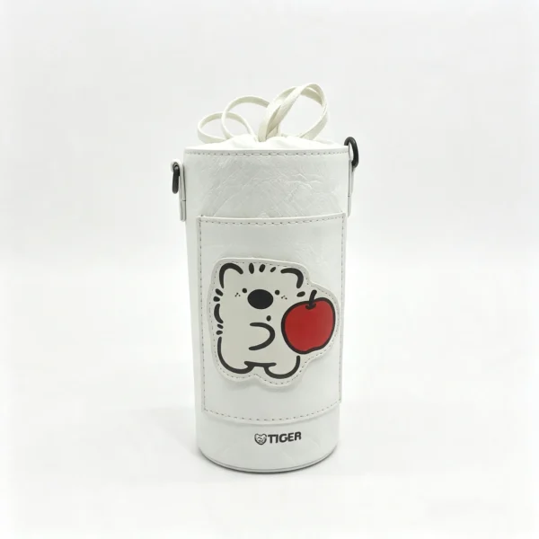 1-1 MochiTote white kawaii drawstring cylinder bag with tiger cartoon patch front view